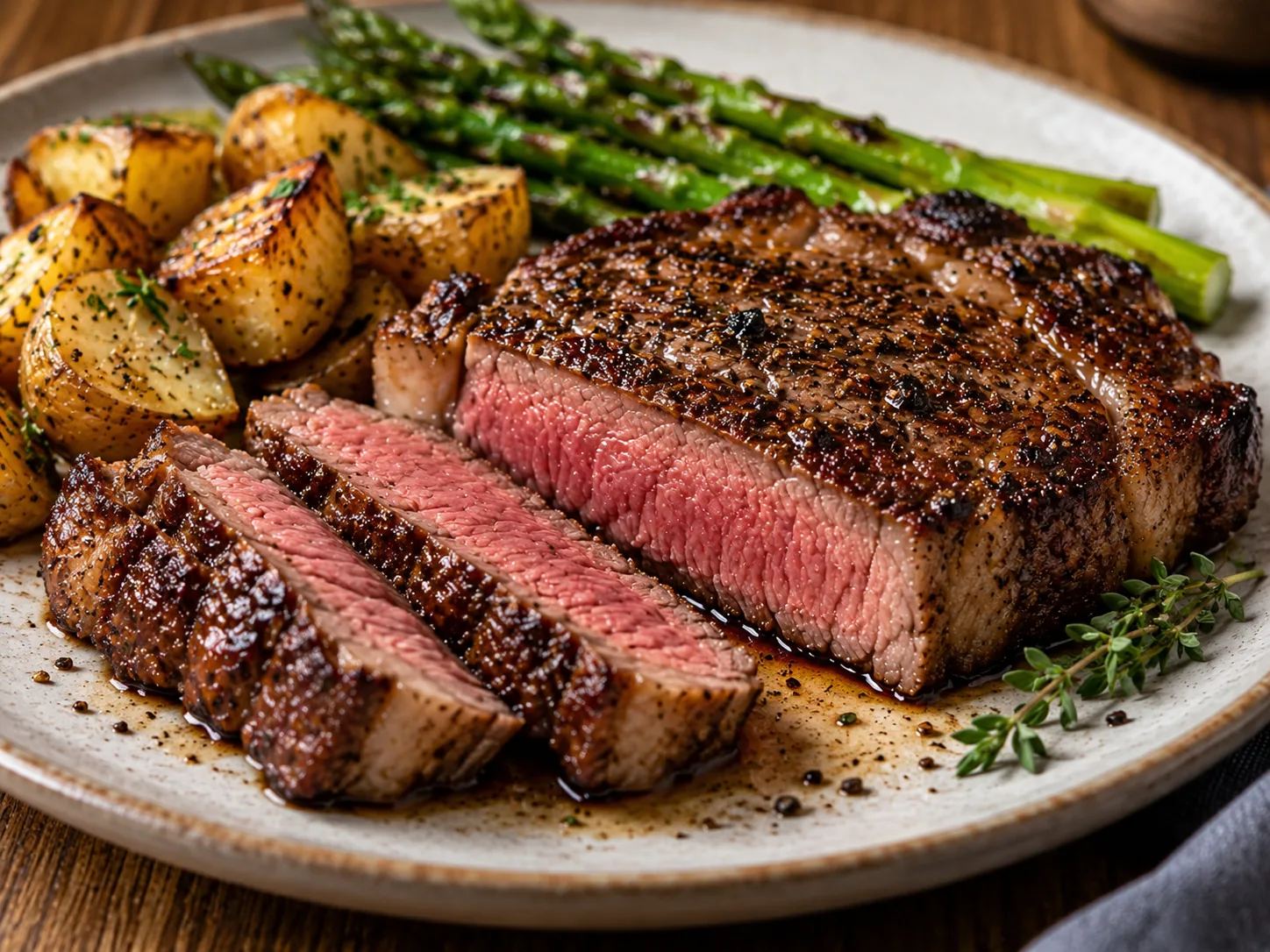 Barton Beef steak sliced medium rare with roasted potatoes and asparagus