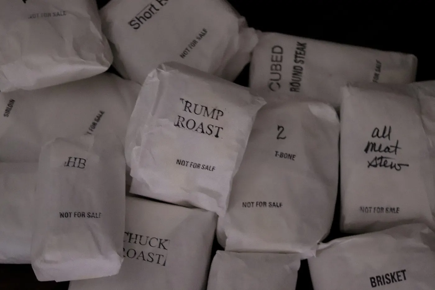 Barton Beef packages wrapped in freezer paper and labeled rump roast, chuck roast and cubed round steak